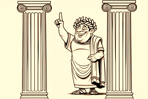 Cartoon on Roman figure in a toga with an olive wreath garland and pointing a finger in the air