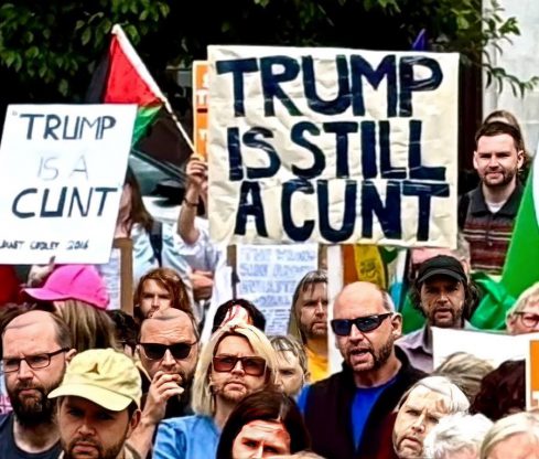 Photo of a sign that reads, "Trump is a c*nt."